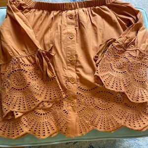 NWT Burnt Orange off the shoulder button down eyelet blouse